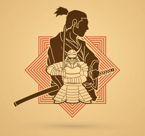Samurai Sammansättning Tecknad Utformad Linje Fyrkantig Bakgrund Grafisk Vector — Stock vektor