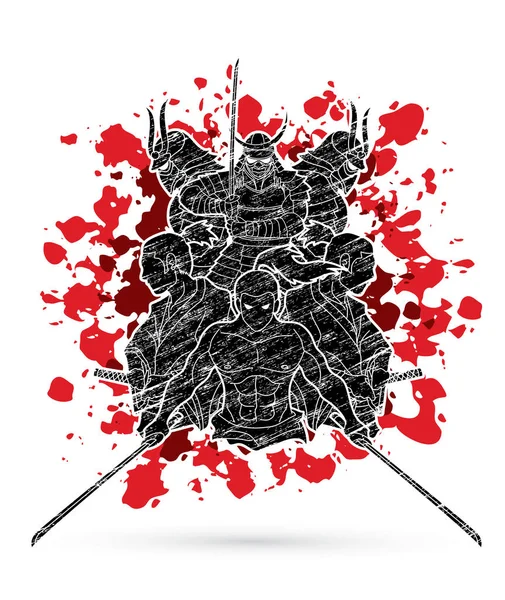 Gruppe Von Samurai Bereit Action Auf Splatter Blut Hintergrund Karikatur — Stockvektor