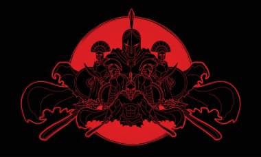 Grup Spartalı savaşçı, güneş ışığı arka plan grafik vektör tasarlanmış Roma Helmet kompozisyon