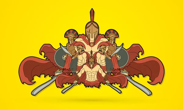 Grupo Guerreros Espartanos Vector Gráfico Composición Casco Romano — Vector de stock