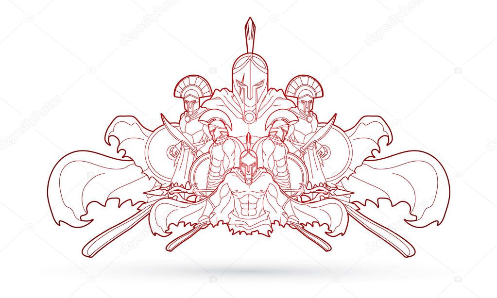 Group of Spartan warriors, Roman Helmet composition outline graphic vector