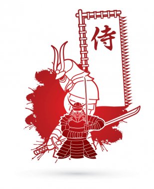 Bayrak Japonca yazı tipi ile 2 samurai kompozisyon demek sıçrama kan arka plan karikatür grafik vektör tasarlanmış samuray