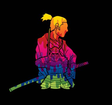 Renkli karikatür grafik vektör kullanılarak tasarlanmış 2 samurai kompozisyon