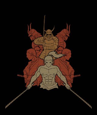 Samuray, geometrik desen karikatür grafik vektör kullanılarak tasarlanmış eylem savaşmaya hazır grup