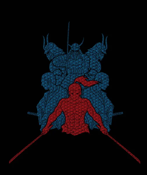 Samuray, eylem satırı su dalgası desen karikatür grafik vektör kullanılarak tasarlanmış savaşmaya hazır grup