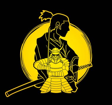 Ay ışığı arka plan grafik vektör tasarlanmış 2 samurai kompozisyon karikatür