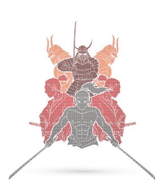 Samuray, geometrik desen karikatür grafik vektör kullanılarak tasarlanmış eylem savaşmaya hazır grup