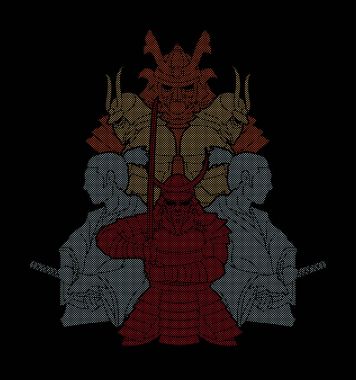 Samurais, nokta piksel grafik vektör kullanılarak tasarlanmış kompozisyon savaşmaya hazır grup