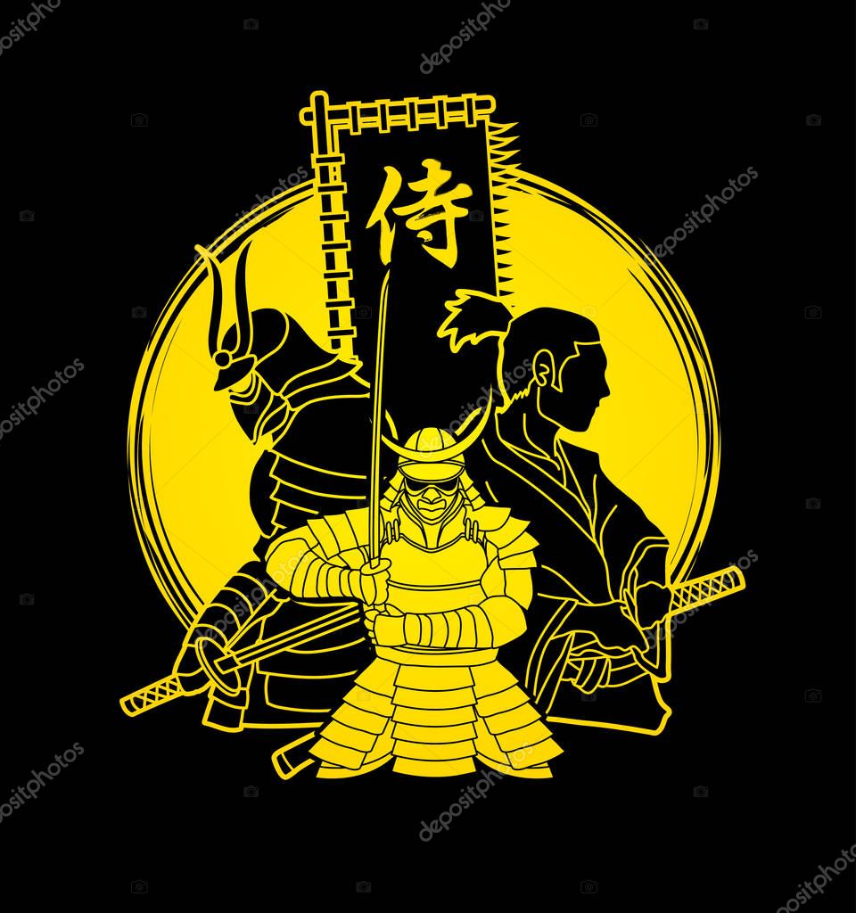 3 Samurai composition with flag Japanese font mean Samurai designed on moonlight background graphic vector