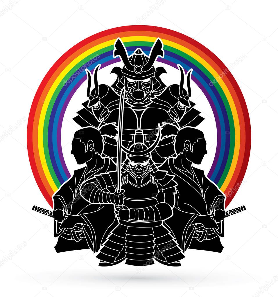 Group of Samurais, Ready to fight composition designed on line rainbows background graphic vector