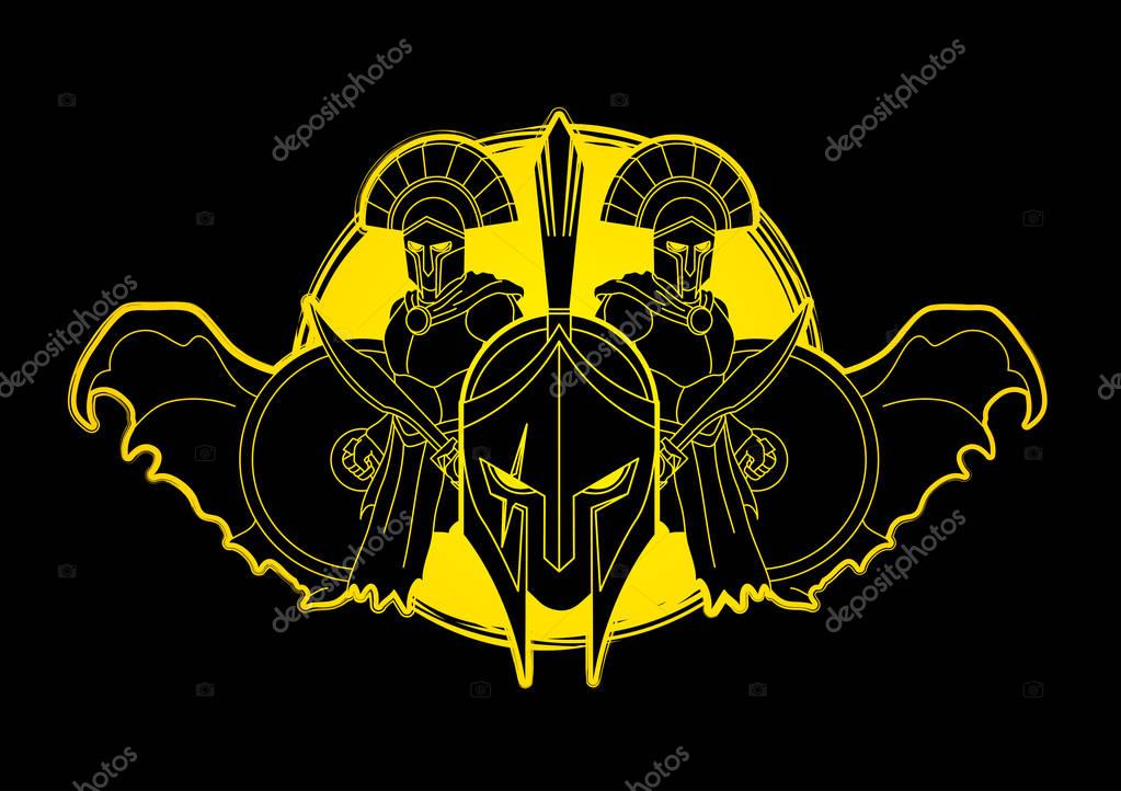 Roman or Greek Helmet , Spartan Helmet, and Angry Warrior composition designed on moonlight background graphic vector