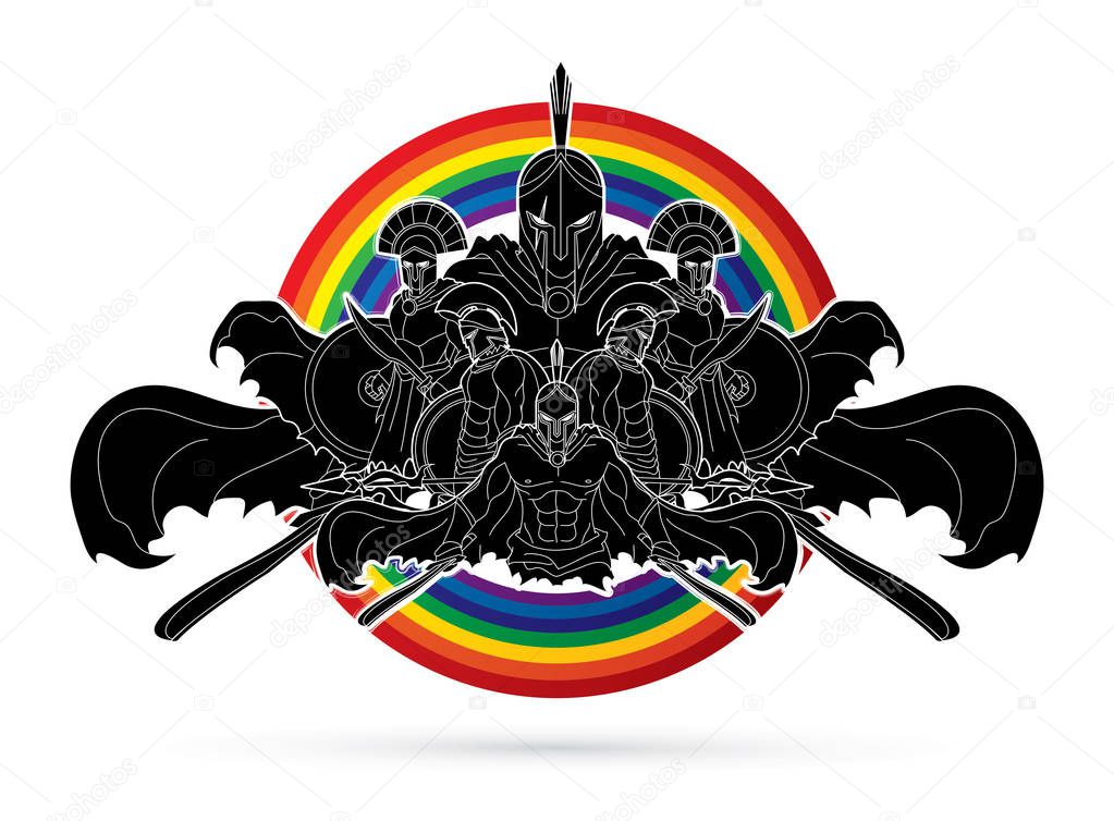 Group of Spartan warriors, Roman Helmet composition designed on line rainbows background graphic vector