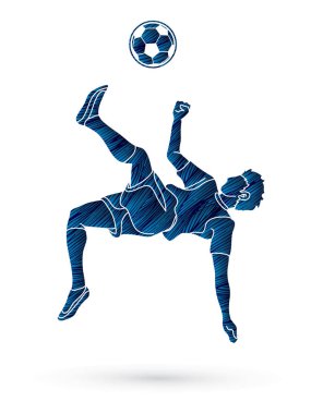 Futbol oyuncu ters takla atarak tekme, grunge fırça grafik vektör kullanılarak tasarlanmış Tepegöz tekme eylemi