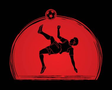 Futbol oyuncu takla kick, Tepegöz tekme günbatımı arka plan grafik vektör tasarlanmış eylem