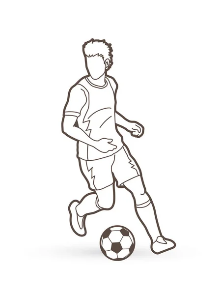 Fußballer Läuft Mit Fußball Action Outline Grafik Vektor — Stockvektor