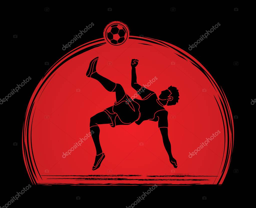 Soccer player somersault kick , overhead kick action designed on sunset background graphic vector