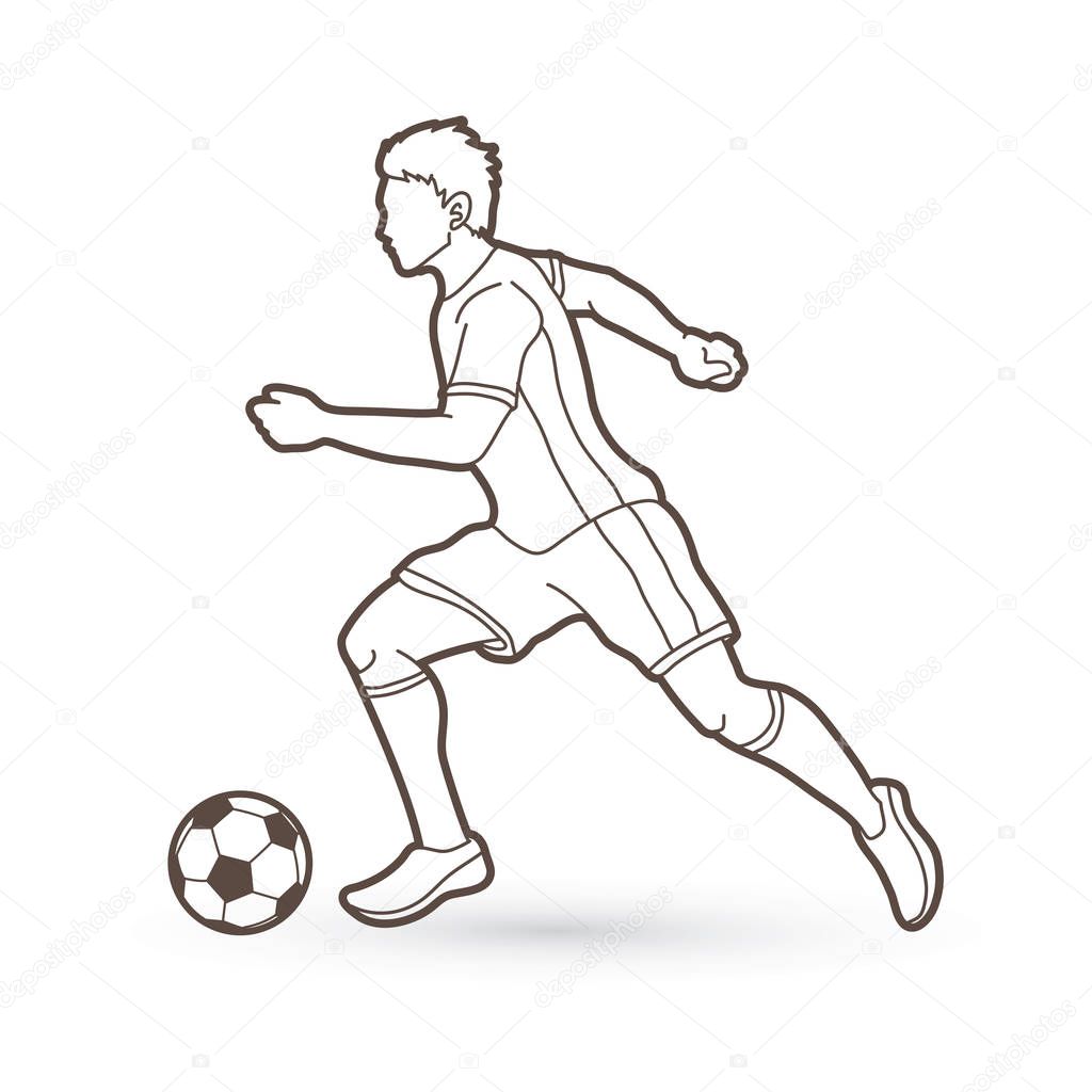 Soccer player running with soccer ball action outline graphic vector