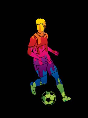 Renkli grafik vektör kullanılarak tasarlanmış futbol topu eylem ile çalışan futbolcu