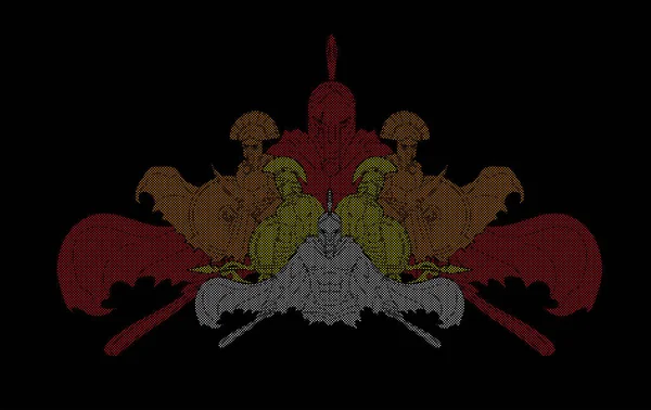 Grupo Guerreros Espartanos Composición Del Casco Romano Diseñado Utilizando Píxeles — Archivo Imágenes Vectoriales
