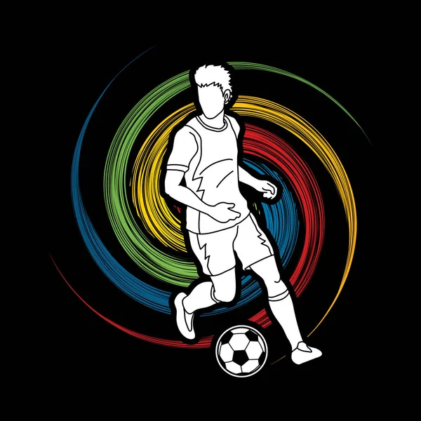 Jugador Fútbol Corriendo Con Acción Pelota Fútbol Diseñado Rueda Giro — Vector de stock
