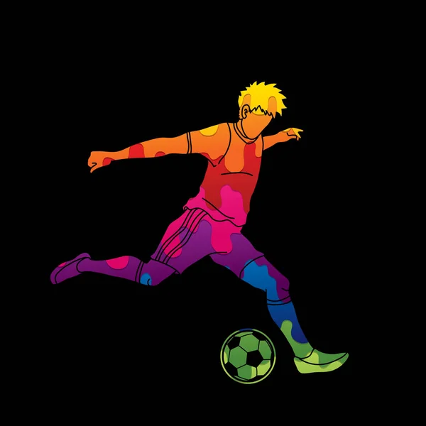Fußballer Läuft Und Tritt Eine Ballaktion Mit Bunten Pixeln Grafik — Stockvektor