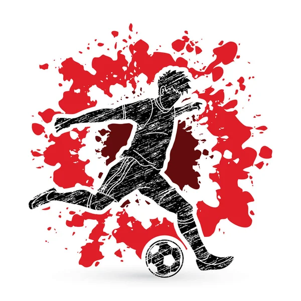 Soccer Player Running Kicking Ball Action Designed Splatter Ink Background — Stock Vector