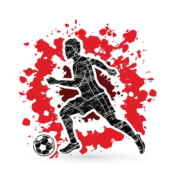 Fotbollspelare Som Kör Med Fotboll Boll Action Utformad Splatter Bläck — Stock vektor