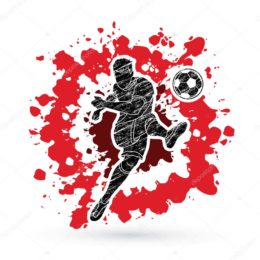 Soccer player shooting a ball action designed on splatter ink background graphic vector