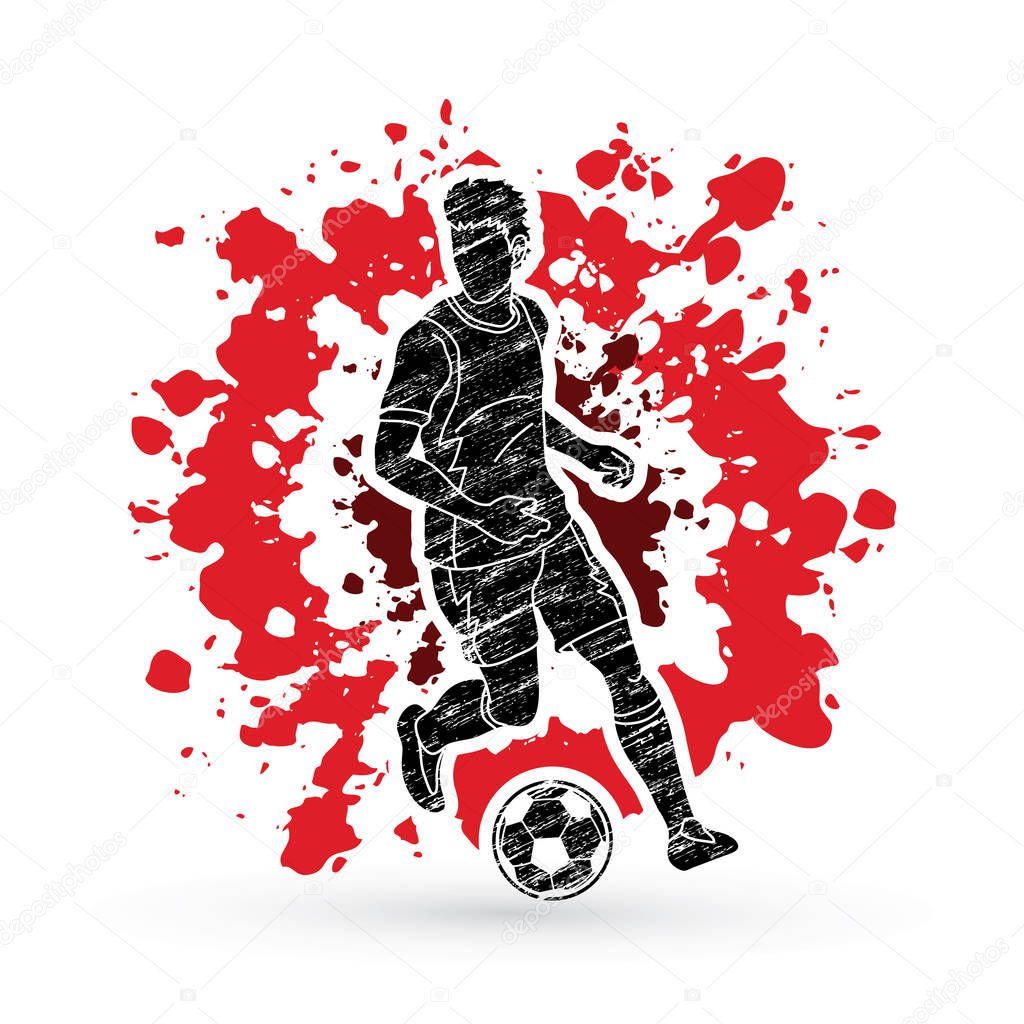 Soccer player running with soccer ball action designed on splatter ink graphic vector