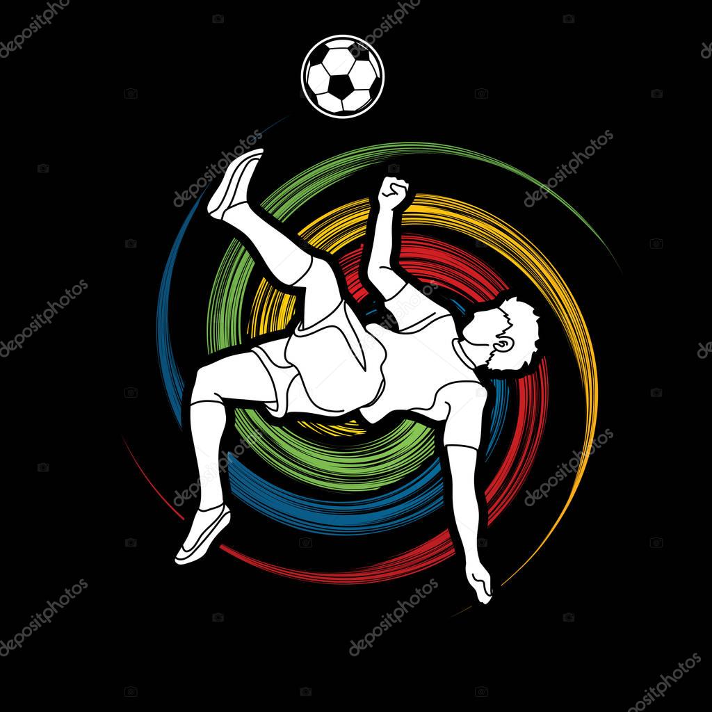 Soccer player somersault kick , overhead kick action designed on spin wheel graphic vector