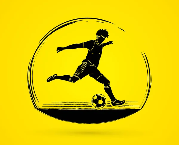 Fußballer Läuft Und Tritt Einen Ball Action Grafik Vektor — Stockvektor