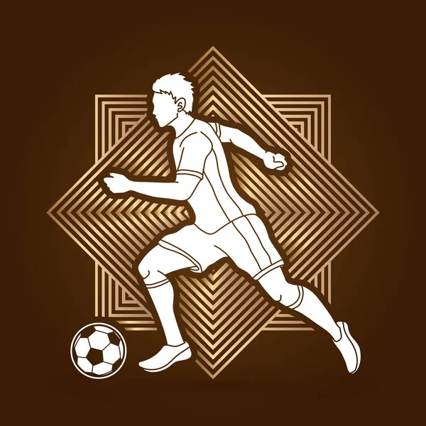 Soccer Player Running Soccer Ball Action Designed Line Square Background — Stock Vector