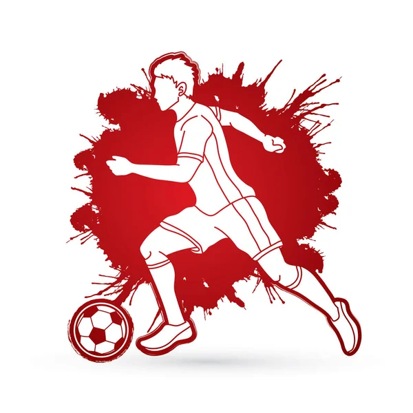 Fotbollspelare Som Kör Med Fotboll Boll Action Utformad Splatter Färger — Stock vektor