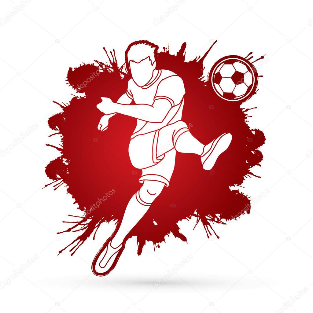 Soccer player shooting a ball action designed on splatter color background graphic vector