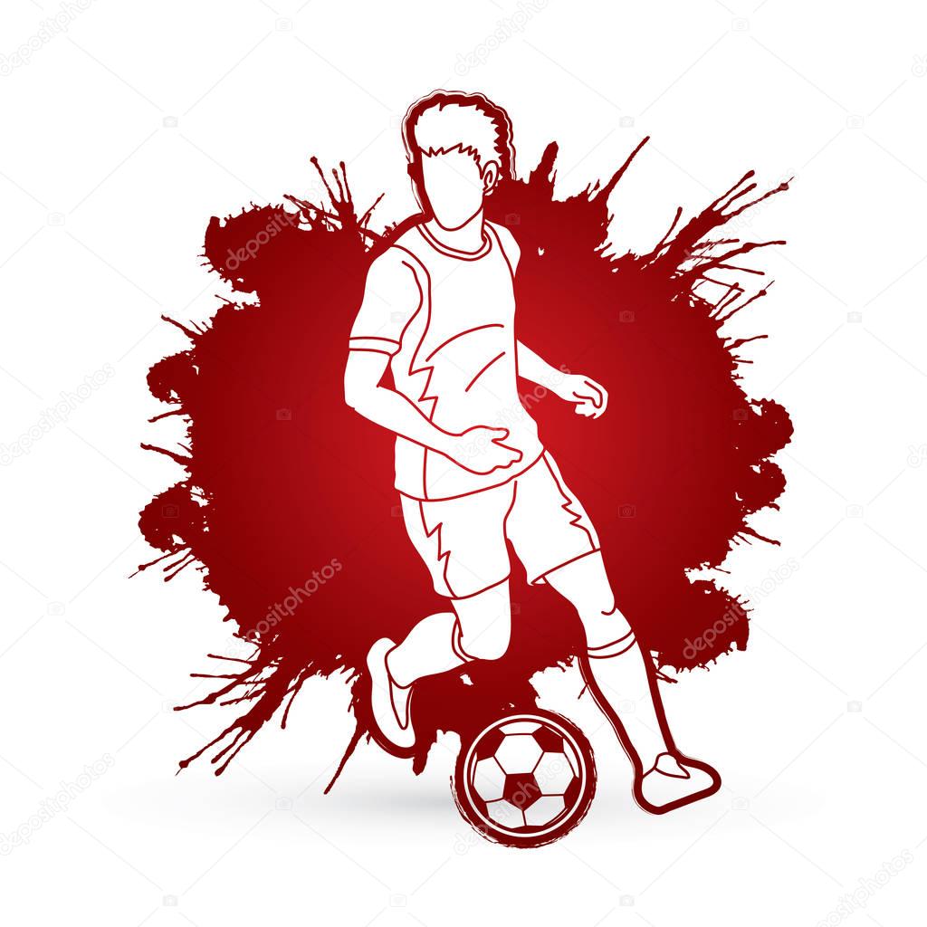 Soccer player running with soccer ball action designed on splatter ink background graphic vector