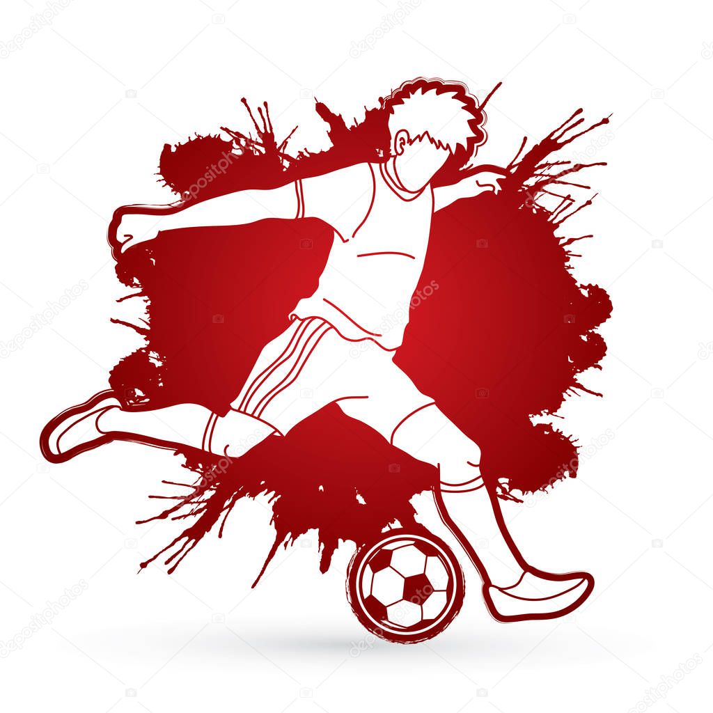 Soccer player running and kicking a ball action designed on splatter ink background graphic vector
