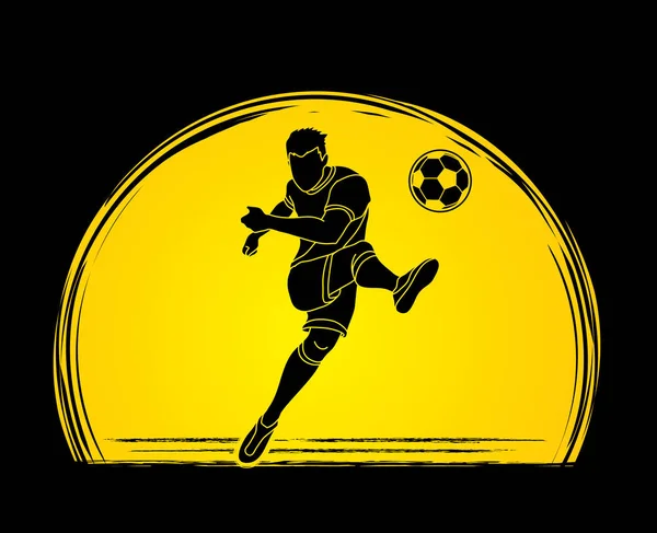 Футболист Стреляет Мяч Действие Разработанное Закате Фоновый Графический Вектор — стоковый вектор