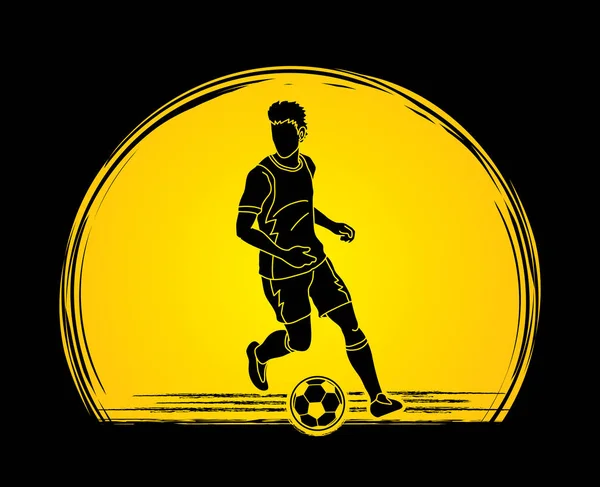 Fußballer Läuft Mit Fußball Aktion Auf Sonnenuntergang Hintergrund Grafik Vektor — Stockvektor