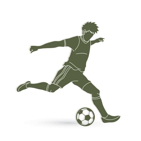 Jugador Fútbol Corriendo Pateando Vector Gráfico Acción Bola — Vector de stock