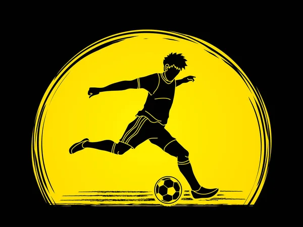 Futballista Fut Rugdossa Ball Cselekvés Célja Naplemente Háttér Grafikus Vektor — Stock Vector