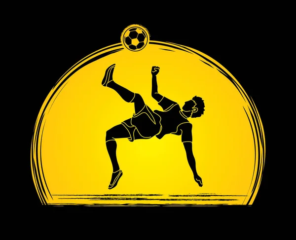 Voetbal Speler Salto Kick Overhead Kick Actie Ontworpen Zonsondergang Achtergrond — Stockvector
