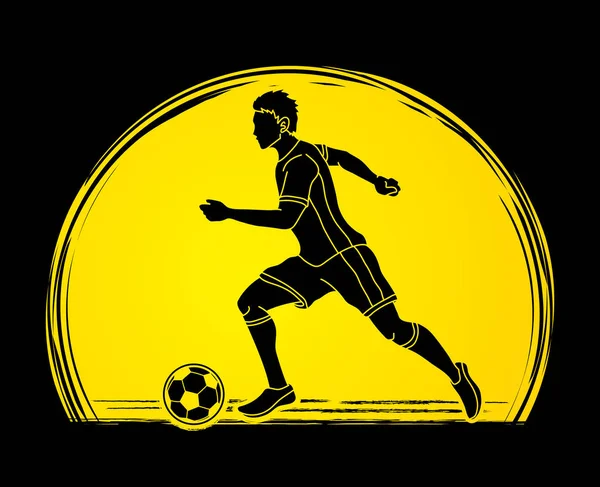 Jugador Fútbol Corriendo Con Acción Pelota Fútbol Diseñado Puesta Del — Vector de stock