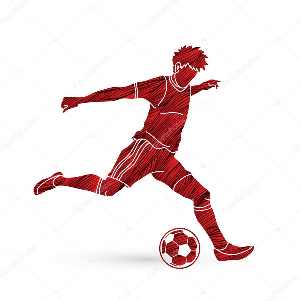 Soccer player running and kicking a ball action designed using grunge brush graphic vector