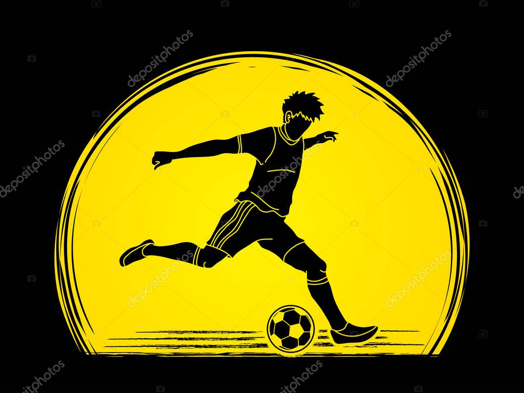 Soccer player running and kicking a ball action designed on sunset background graphic vector