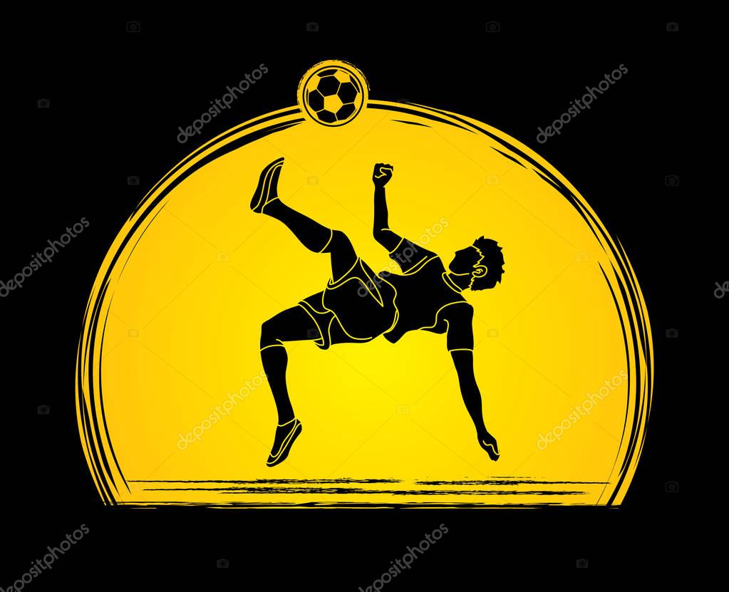 Soccer player somersault kick , overhead kick action designed on sunset background graphic vector