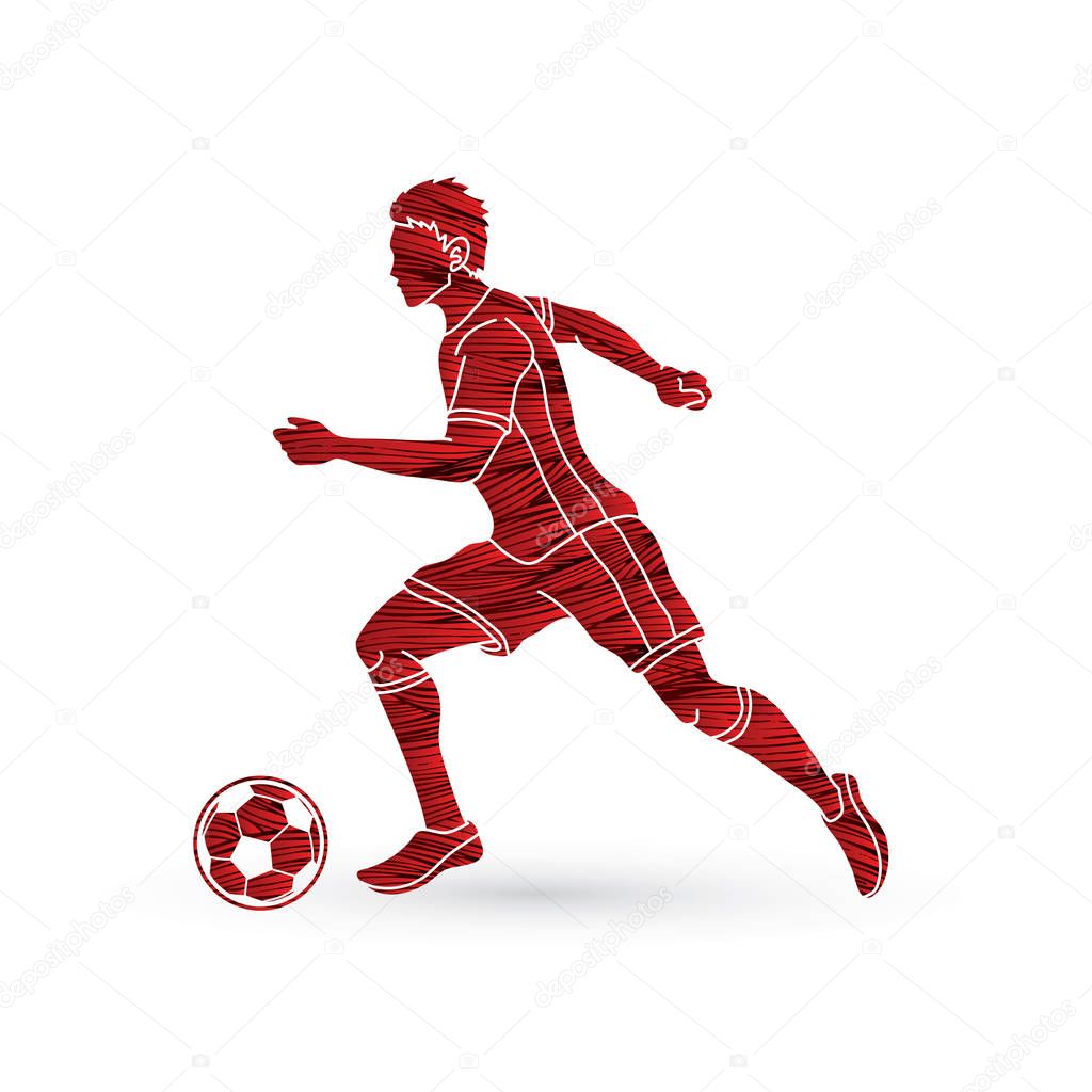 Soccer player running with soccer ball action designed using grunge brush graphic vector