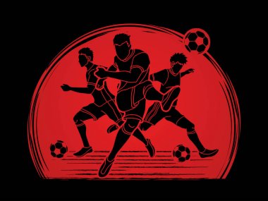 Güneş ışığı arka plan grafik vektör tasarlanmış üç futbol oyuncu takım kompozisyon.