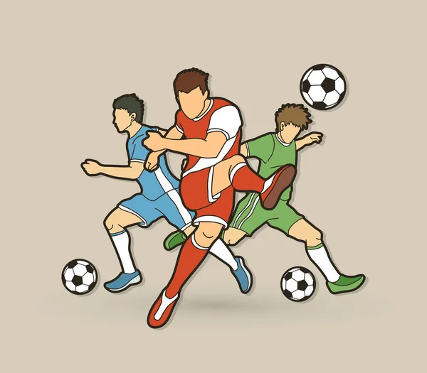Vector Gráfico Composición Equipo Tres Jugadores Fútbol — Vector de stock