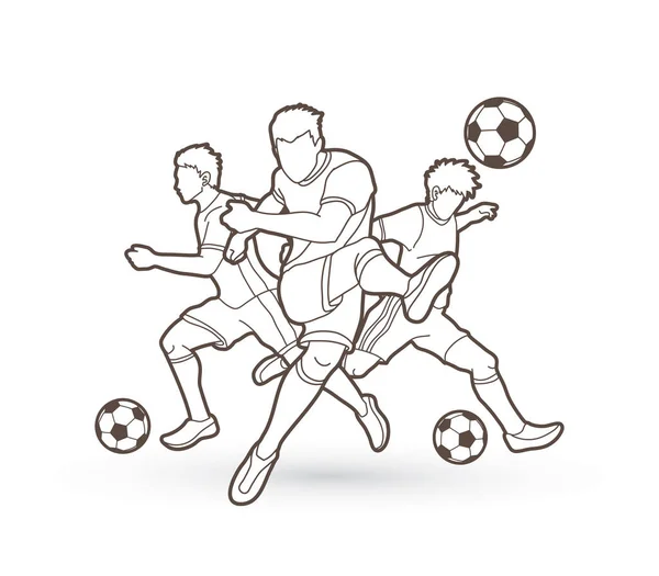 Trois Joueurs Soccer Composition Équipe Contour Vecteur Graphique — Image vectorielle