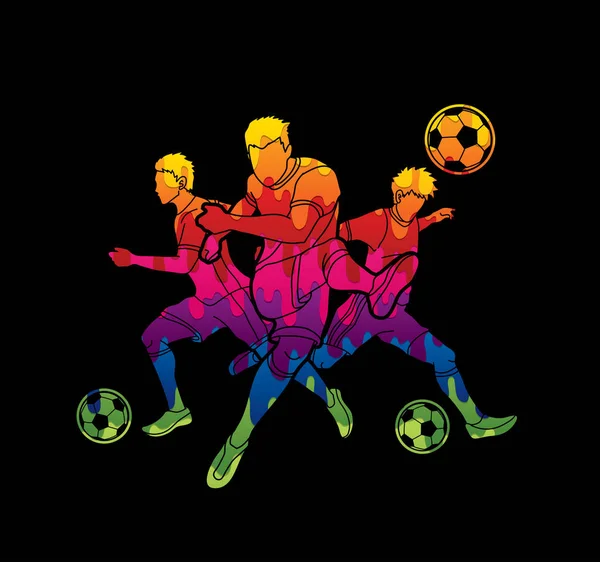 Tre Fotboll Spelare Team Sammansättning Utformade Med Färgglada Grafisk Vector — Stock vektor